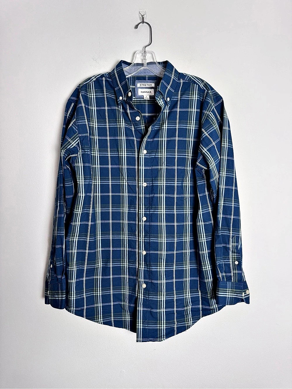 Haggar Stretch Plaid Button Down Shirt in Blue S